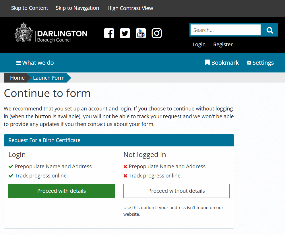 Form options screen asking if you wish to log in or not