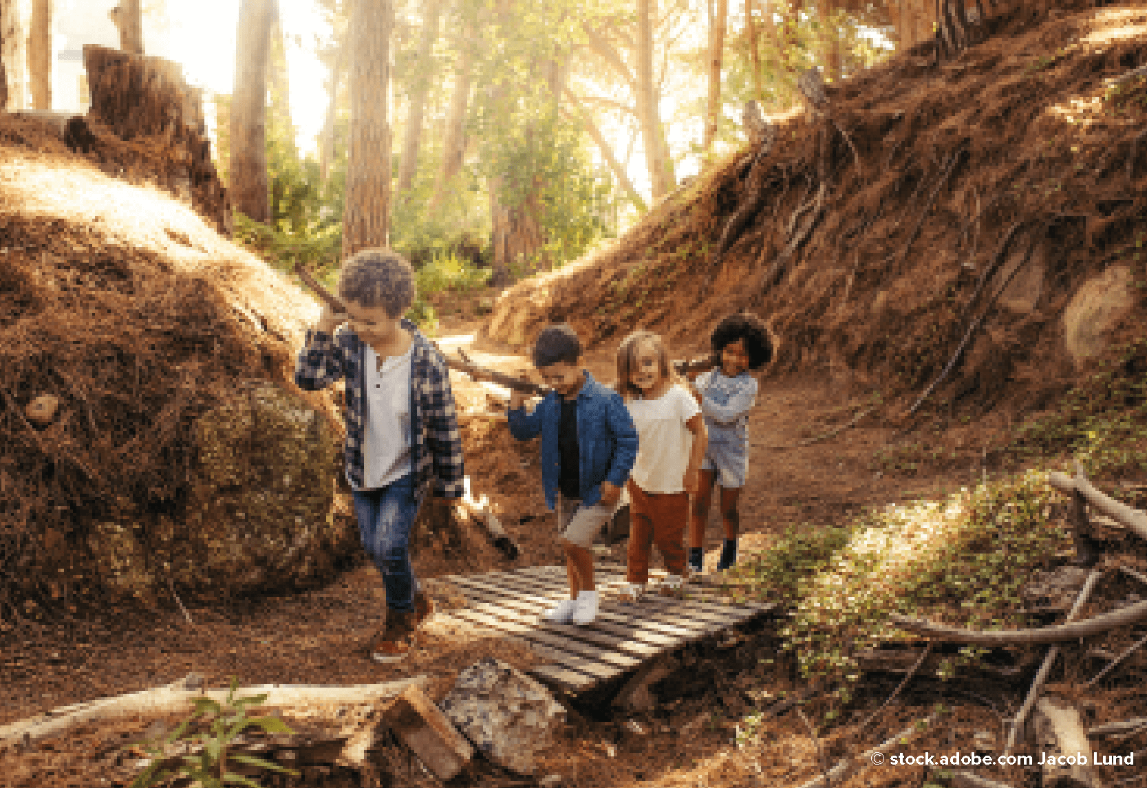 Four young children walking over a wooden bridge in the woods